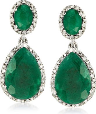 Ross-Simons Emerald and. Diamond Drop Earrings in Sterling Silver