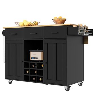 STILVORA Carrello Da Cucina Con 3 Cassetti, 2 Ante, Piano Pieghevole, Portasciugamani E Portaspezie, In Mdf, 104x39,5x91,5 Cm, Nero