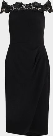 Aidan Mattox Off-Shoulder Crepe & Lace Midi Dress