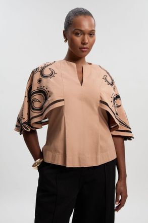Karen Millen Womens Plus Size Baroque Embroidered Cape Sleeve Woven Twill Top - Light Pink Cotton - Size 20 UK