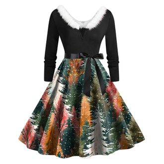 Generic Christmas Dresses for Women Glad Rags Vintage Elegant A Line Christmas Fancy Dress Formal Dresses for Women Multi Colored Vintage Printed Holiday Long