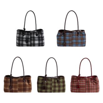 Generic Women Woolen Cloth Plaid Shoulder Bag Maillard Handbag for Daily Use (Black)