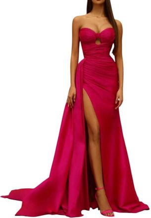 Tarik Ediz Strapless Taffeta Gown With High Slit In Fuchsia