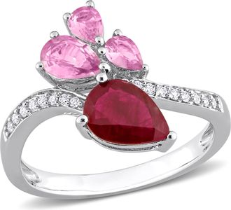 Mimi & Max 2 1/5 CT TGW Pear Cut Ruby and Pink Sapphire and 1/10 CT TW Diamond Ring in 14K White Gold
