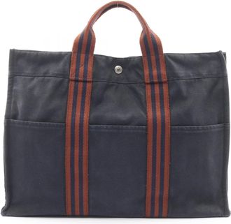 Herm&egrave;s Brown Navy Canvas Tote Bag (Pre-Owned)