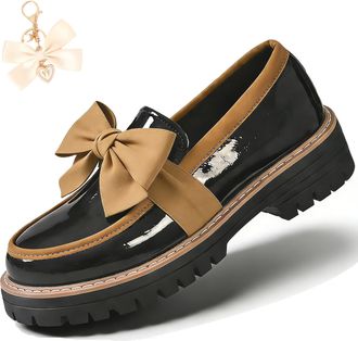 Generic Bowknot Retro Thick-Soled Shoes, 2026 Patent Leather Slip-On Flats Chunky Platform for Office Business Daily Wear (Khaki-a, Adult, Women, 5.5, Numeric
