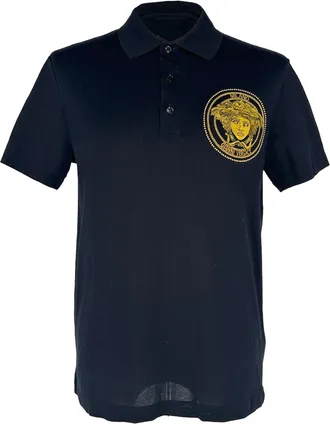 Versace Medusa Embroidered Polo Shirt in Navy Blue Cotton