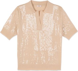 Oltre Fijngebreide poloshirt met pailletten - Dames - Ronde hals truien - Beige - S - Pailletten - Truien & Vesten