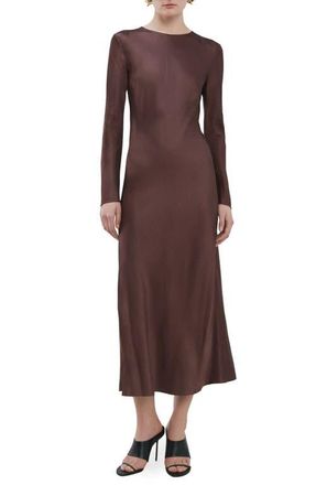Mango Long Sleeve Satin Midi Dress in Brown at Nordstrom, Size 10