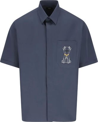 Fendi dog-embroidered pocket shirt - men - Fabric - 40 - Blue