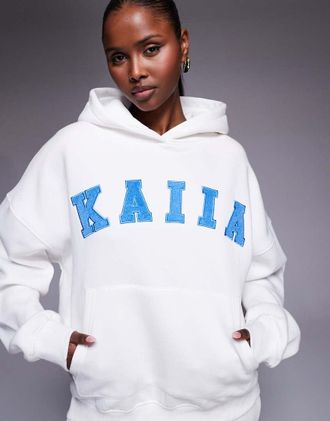KAIIA Felpa con cappuccio oversize in misto cotone bianca con logo ricamato in coordinato-Bianco