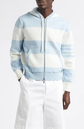 Thom Browne Hector Rugby Stripe Jacquard Zip Hoodie in Light Blu at Nordstrom, Size 5