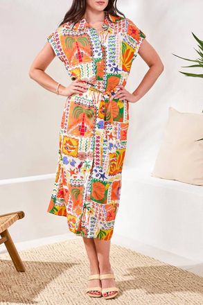 Tribal Crosshatch Button-Front Belted Midi Dress In Guava Blush