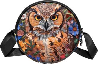 Generic Circle Crossbody Bag for Women, Owl Tropical Small Sling Bag Daypack with Zipper Adjustable Shoulder Straps Casual Ladies Girls Round Purse