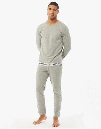 Jack & Jones Mens Jack & Jones RICKO Mens Cotton T-Shirt And Trousers Lounge Set Light Grey Melange - Size: 32/34/35