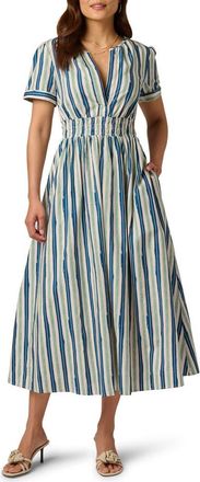 Adrianna Papell Stripe Smocked Waist Midi Dress in Ecru/navy at Nordstrom, Size X-Large