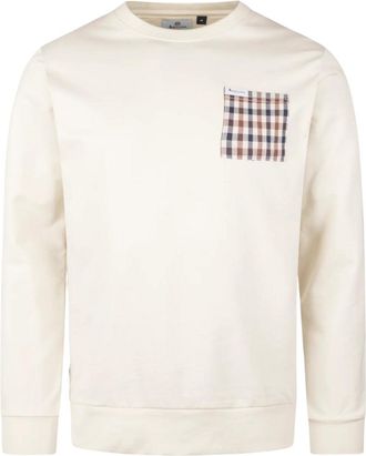 Aquascutum Mens Active Iconic Pocket Crewneck Old White Sweatshirt - Cream Cotton - Size X-Large