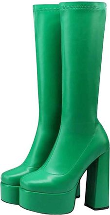Generic Women Platform High Heel Long Boots Block Heels Elastic Leather Gothic Style