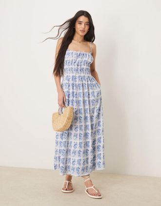 Abercrombie & Fitch flowy maxi dress in blue stamp print