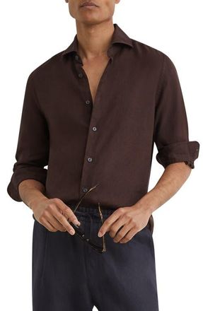 Reiss Ruban Solid Linen Button-Up Shirt in Chocolate Brown at Nordstrom, Size Xx-Large