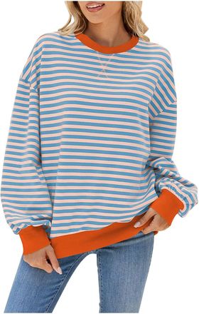 Generic Free People Womens Striped Pullover Tops 2024 Fall Clothes Long Lantern Sleeve Soft Loose Crew Neck Y2K Sweatshirts Color Block Crew Neck Pullovers Ov