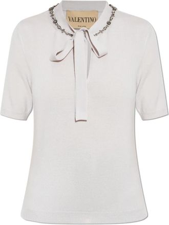 Valentino Garavani Wol trui met glinsterende kristallen bij de halslijn - Dames - Ronde hals truien - Grijs - M - Wol - Truien & Vesten