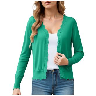 Generic Womens Cardigan Knitted Jumpers V-Neck Long Sleeve Button Down Ladies Loose Lightweight Soft Casual Scalloped Edges Cardigans for Spring Summer Green