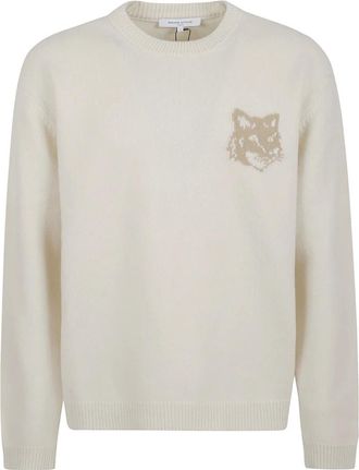 Maison Kitsuné Round-neck Knitwear, male, Beige, M, Fox Head Intarsia Merino Jumper