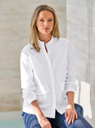 Heine Langarmbluse HEINE, Damen, Gr. 34, weiss (wei&szlig;), 67% Baumwolle, 29% Polyester, 4% Elasthan, unifarben, Rundhals, Blusen Langarmbluse