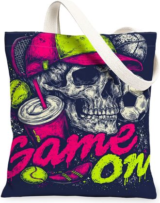 Generic Sporty Skull Canvas Tote Bags, Edgy Graphic Design Reusable Grocery Bags, Fun Lightweight Washable Shoulder Strap Canvas Fo, Navy, 13x15 Inch