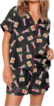 Generic Womens Champagne Bottle Wine Can Print Sets Silk Satin 2 Piece Sets Short Sleeve Shirts Shorts Sets Running Clothing Women Winter, black, M