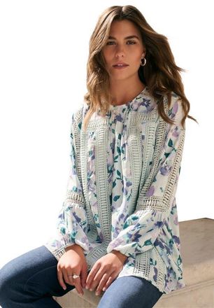 Roaman's Lace-Trim Blouson-Sleeve Top in Cloud Blue Watercolor at Nordstrom, Size 28