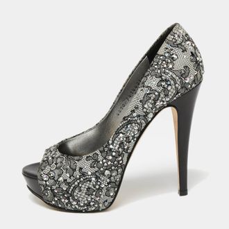 Gina Grey/black Lace Crystal Embellished Open Peep Platform Pumps