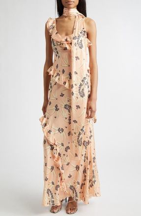 Siedres Monica Floral Tiered Ruffle Satin Maxi Dress with Detachable Scarf Tie in Coral at Nordstrom, Size 6 Us