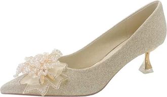 Generic Women Pointed Toe Stiletto High Heels 7.5CM Lace Tulle Pearls Rhinestones Sparkle Wedding Evening Party (3.5) Gold