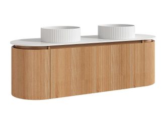 Vente-Unique Mueble de ba&ntilde;o suspendido estriado con doble lavabo sobre encimera redondo estriado - Natural claro - An. 150 cm - LILIKO