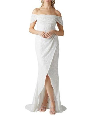 Coast Sequin Bardot Wrap Skirt Wedding Dress in Ivory at Nordstrom, Size 10