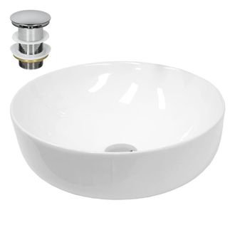 ECD Germany Lavabo blaco redondo de cer&aacute;mica con desag&uuml;e plateado