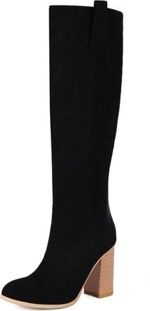 Generic Womens Knee-High Boots Suede-Like Fabric Pointed Toe Block Heels Wooden Heel Pull Tab Slip On Solid Color Stylish Durable Design,Black,6.5 UK