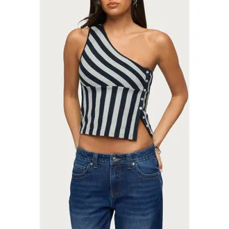 Edikted Stripe Side Button One-Shoulder Top in Navy-And-Gray at Nordstrom, Size X-Small