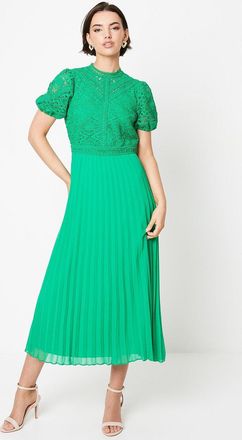 Oasis Womens Lace Puff Sleeve Pleated Midi Dress - Light Green - Size 18 UK