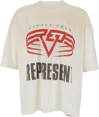 Represent White Crewneck T-shirt With Maxi Logo Print On Front And Rear In Cotton Blend Man