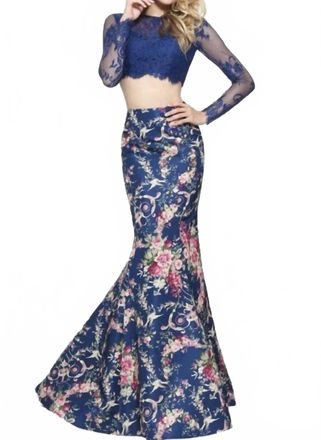 Sherri Hill Two-Piece Floral Print Mermaid Gown In Navy