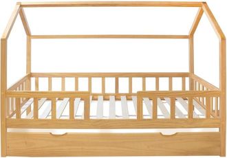 Muemue Cama Casita Con Barandilla + Cama Elevable Madera Pino 90x190cm