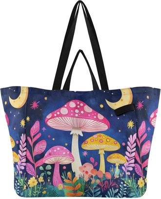 Generic Mushroom Moon Stars Blue print Reusable Canvas Tote Bag, Heavy Duty Grocery Shopping Bag with Hard Bottom Large Capacity Double Handles Work Groceries