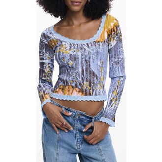 Desigual Abstract Print Rib Knit Top in Blue at Nordstrom, Size Medium