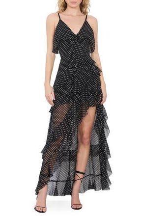 Alice & Olivia Laverne Lace Up Back Asymmetric Ruffle Maxi Dress in Tbd - Black With White Dots at Nordstrom Rack, Size 12