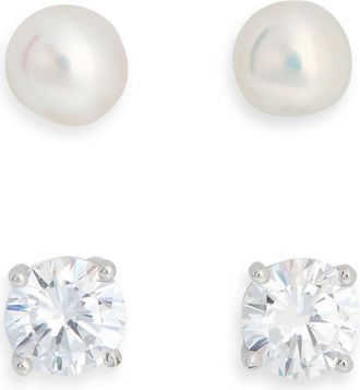 Nordstrom Rack Set of 2 Sterling Silver Cubic Zirconia & Faux Pearl Stud Earrings in Clear- White- Silver at Nordstrom Rack