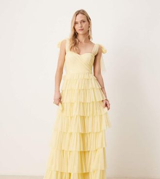 Lace & Beads Petite Vestito lungo da cerimonia color limone in tulle con fiocco sulle spalle-Giallo