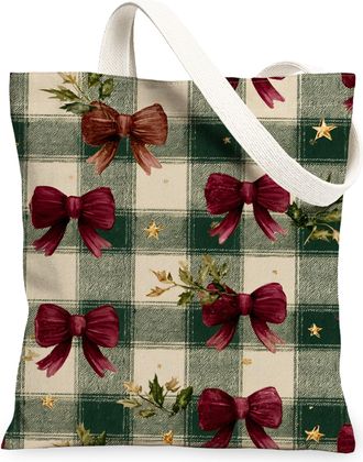 Generic Christmas Bow Canvas Tote Bags, Elegant Plaid Pattern Reusable Grocery Bags, Winter Rustic Lightweight Washable Shoulder St, Green, 13x15 Inch